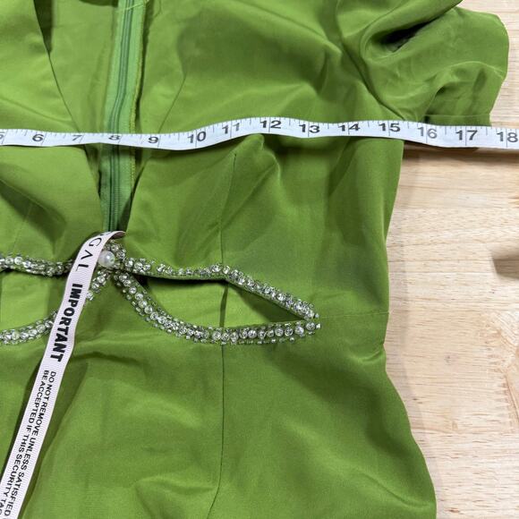 Mac Duggal NWT Plunge Neck Puff Sleeve Beaded Cut Out Gown Green Apple Size 0 - Picture 7 of 11